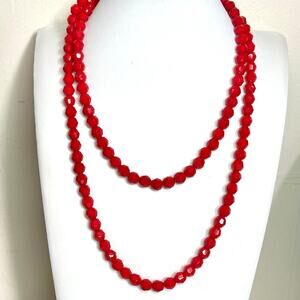 Vintage Necklace Red Glass Bead 40" long Vtg Americana Costume Jewelry AU02